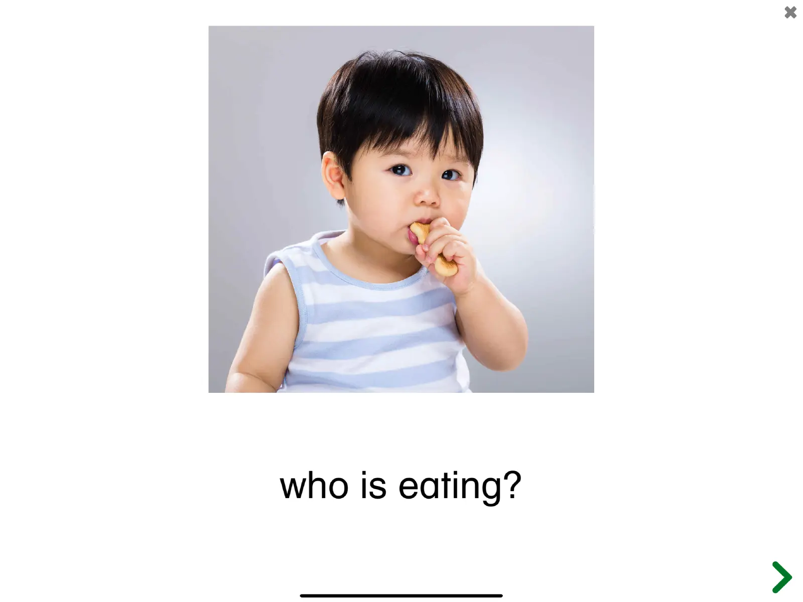 Screenshot of the See and Learn Phrases 1 app showing the phrase 'Who is eating?'