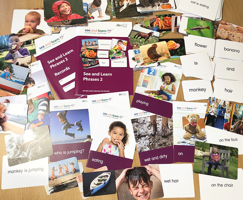 A photograph of some of the books and picture cards from a See and Learn Phrases 2 kit