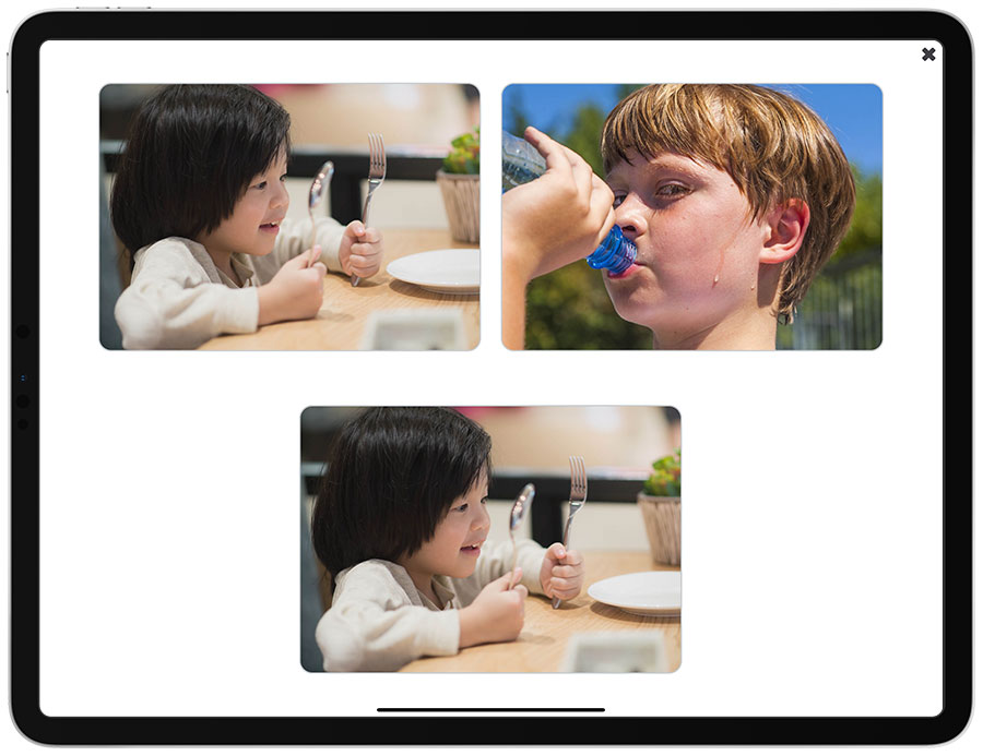 A screenshot of the Matching Pictures activity in See and Learn Sentences 1 app edition for iPads