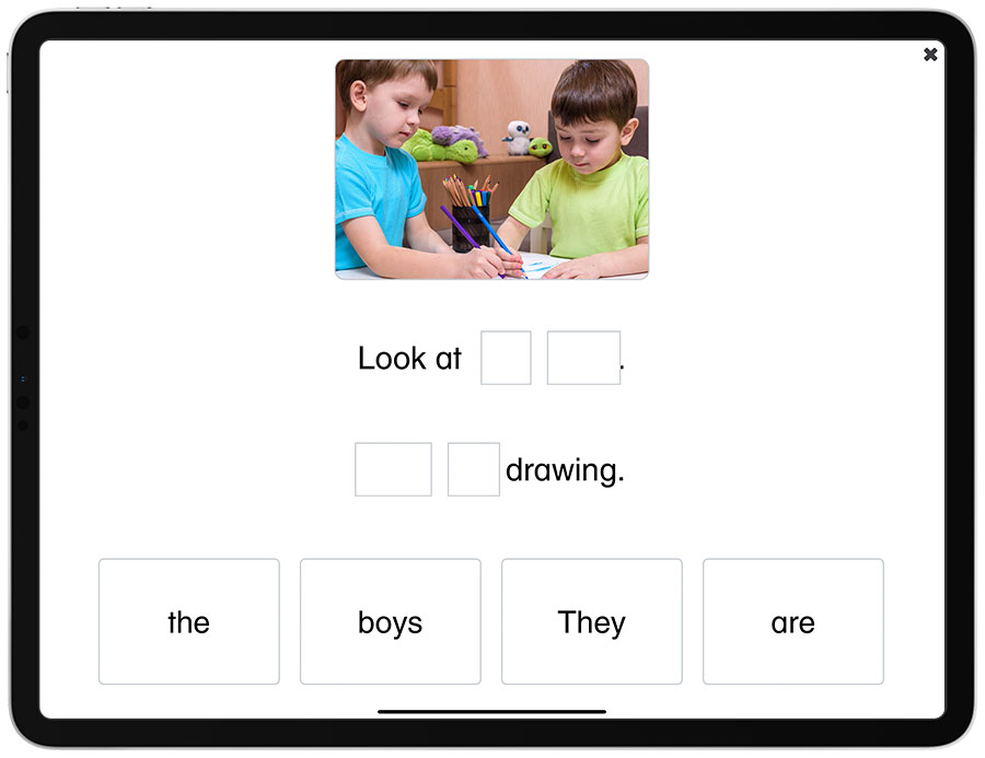 Screenshot of a sentence building activity in the See and Learn Sentences 1 app