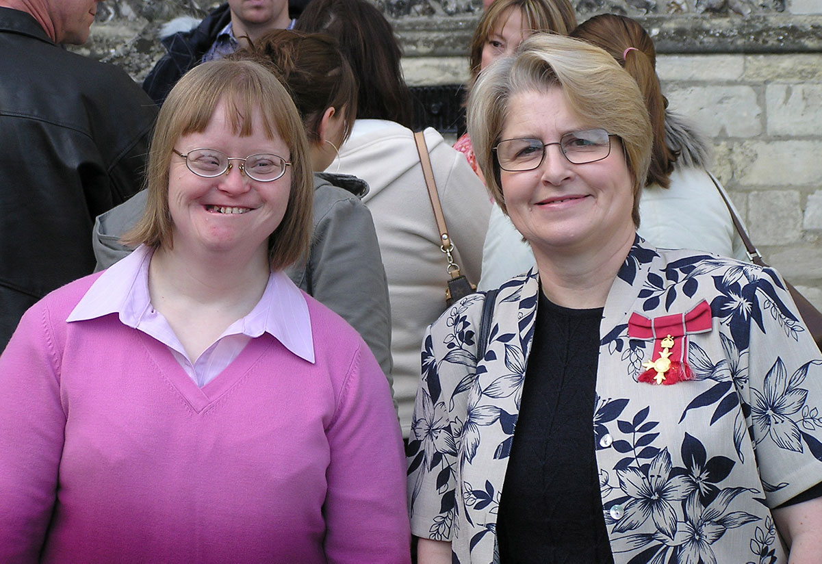 Photograph of Roberta accompanying Sue Buckley for the award of the Order of the British Empire (OBE) for services to special education in 2004.