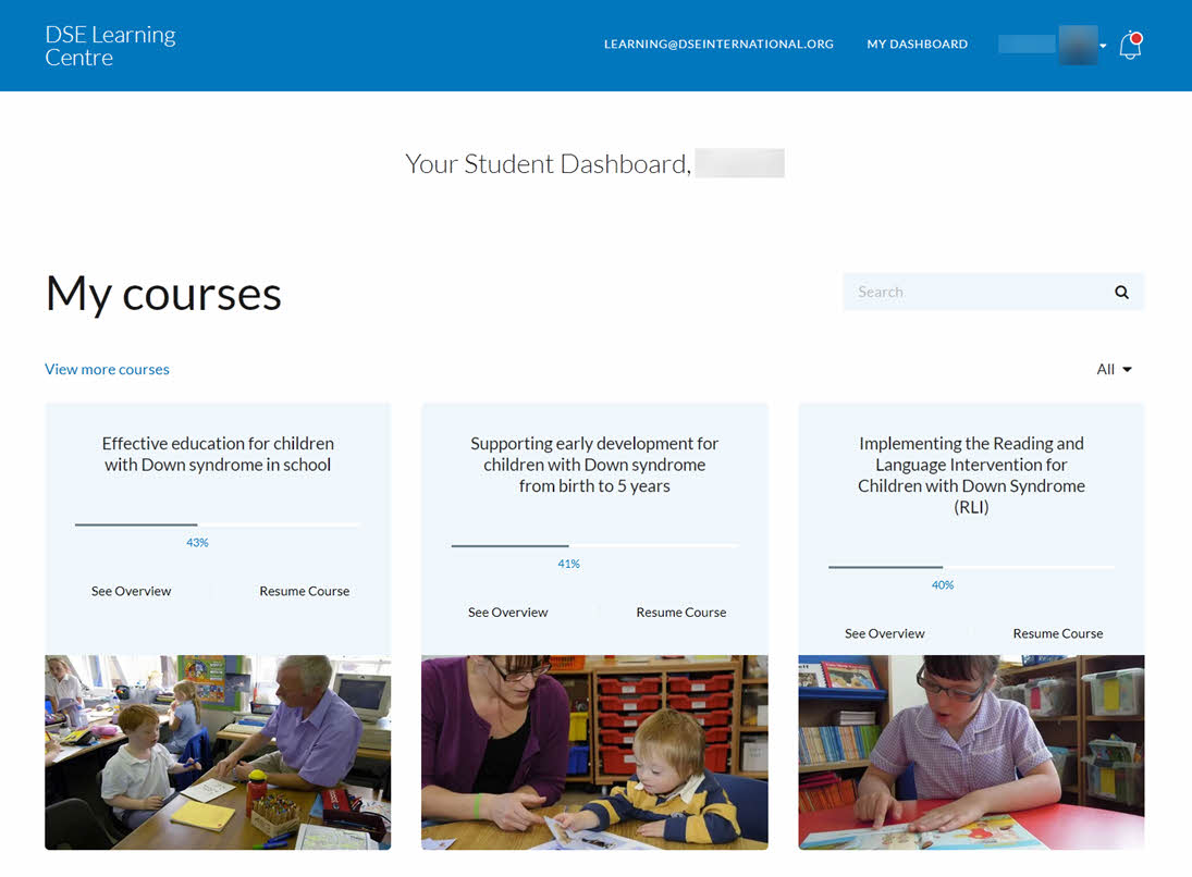 Picture of the DSE Learning Centre dashboard page