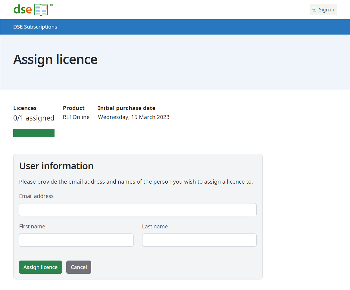 Picture of the assign user licence page