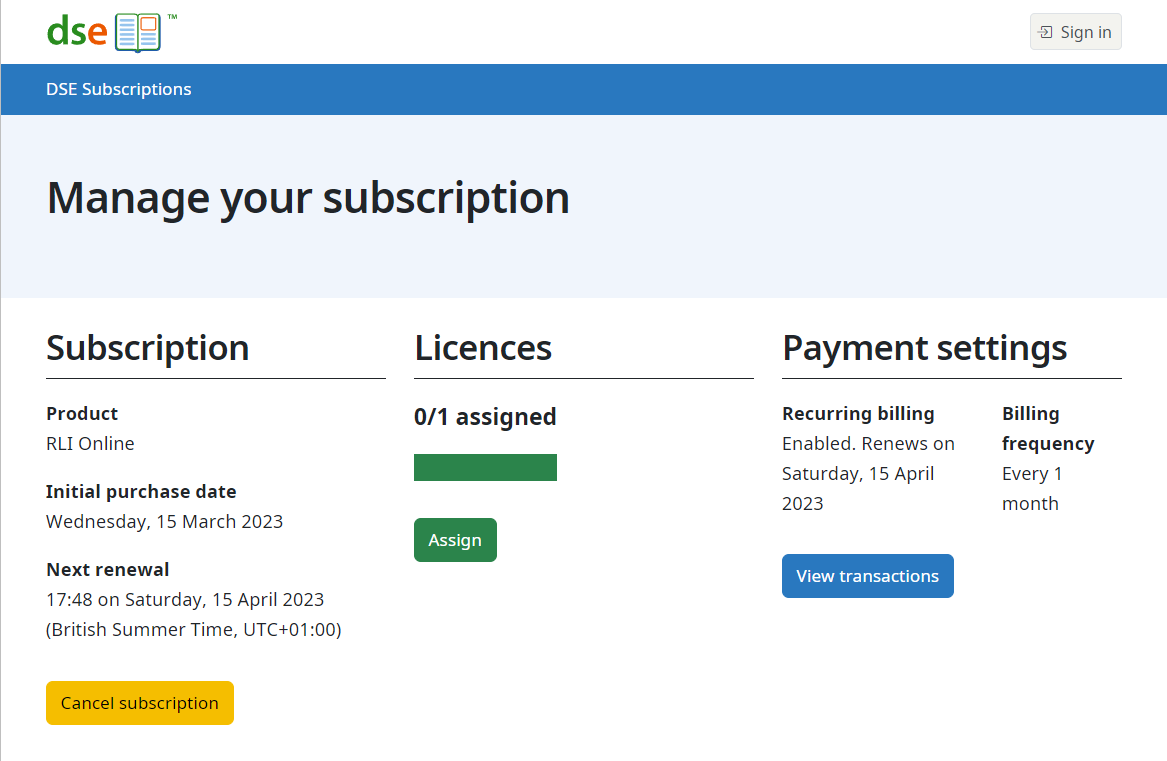 Picture of the subscription management page