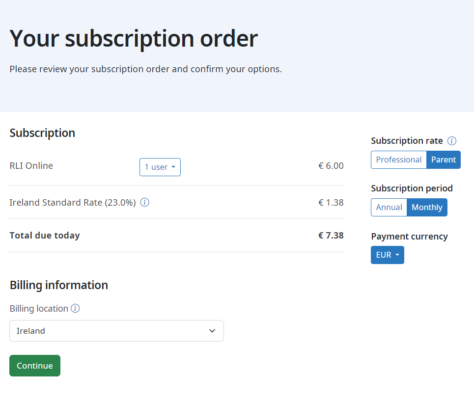 Picture of the subscription order options page